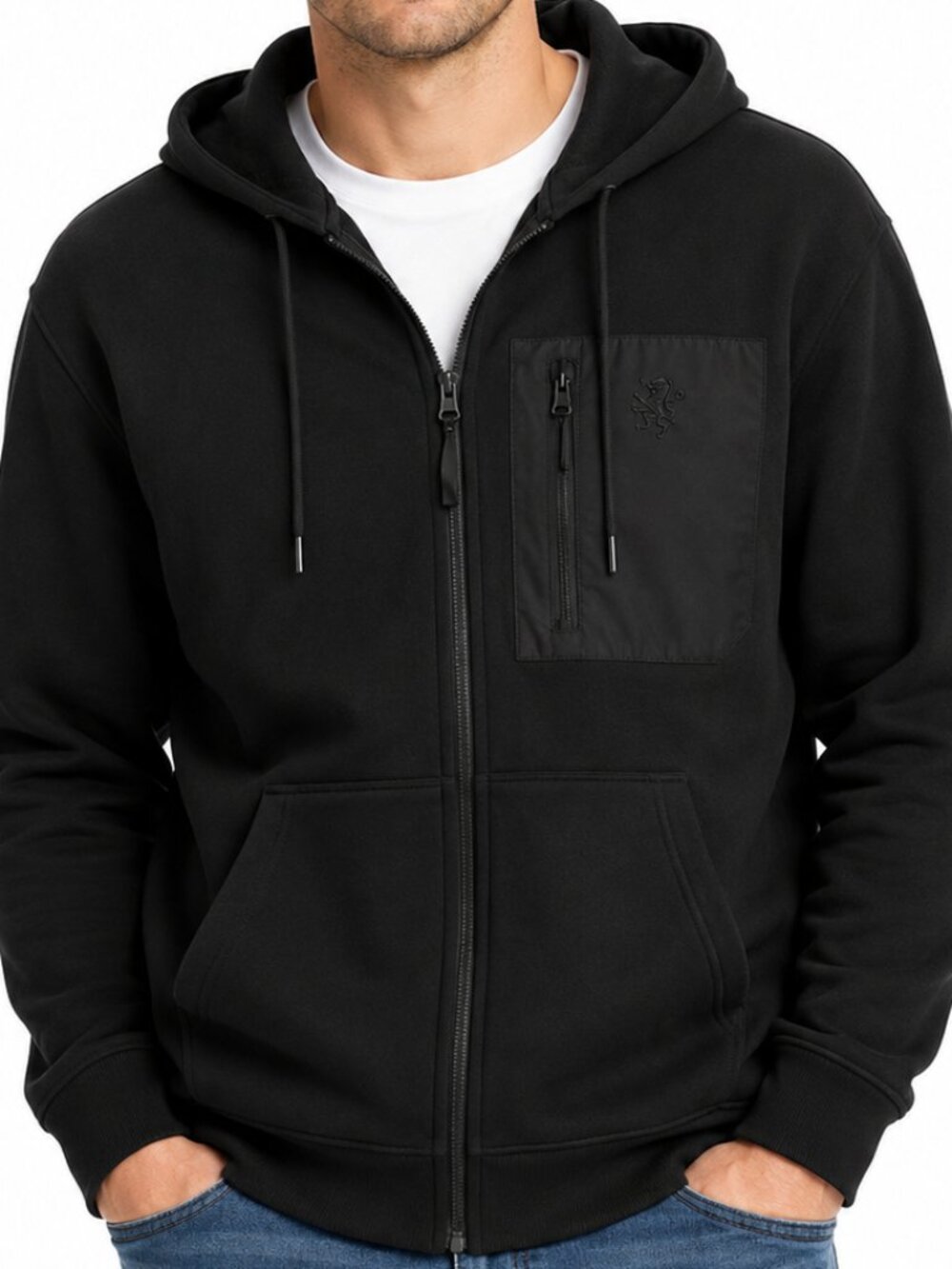 Mens Medium Black Full Zip Hoodie Jacket, Chest Pocket Sweatshirt Back to School